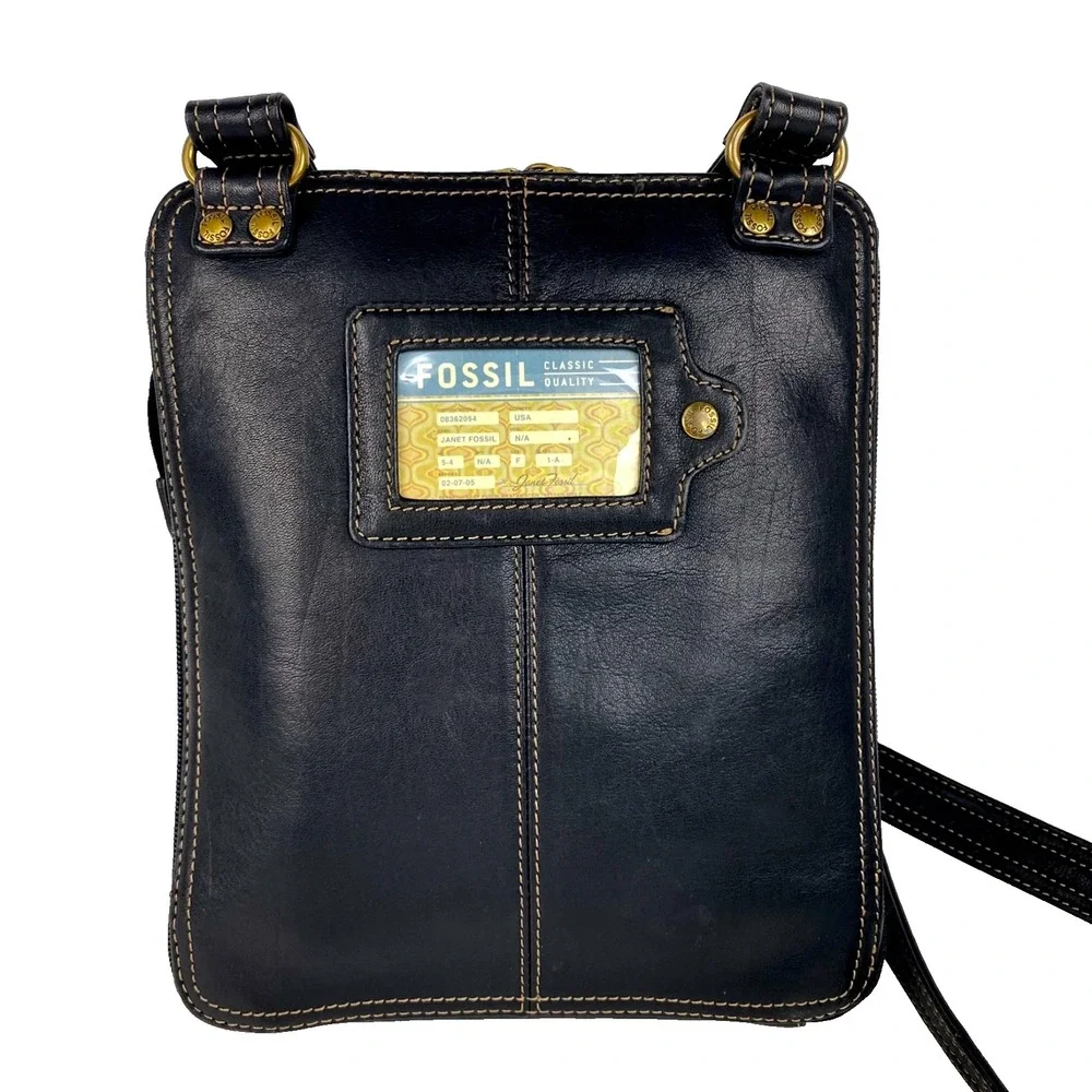 Fossil Leather Shoulder Bag Purse Satchel Black Handbag Crossbody Adjustable VTG
